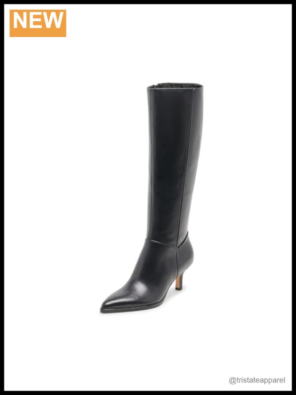 Knee High Kitten Heel Leather Boots Pointed Toe Zip Closure